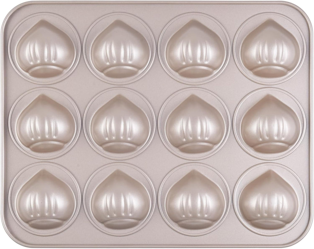 Muffin Cake Pan, Non-Stick 12-Cavity Chestnut-Shaped Bakeware for Oven Baking (Champagne Gold)