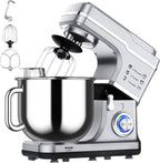 Garvee 7.5QT Stand Food Mixer, 10-Speed Tilt Head 3-IN-1 Kitchen Electric Mixer with Stainless Steel Bowl, Egg Whisk, Dough Hook, Beater, Splash Guard, Compact Dough Mixer for Home Cooks, Silver