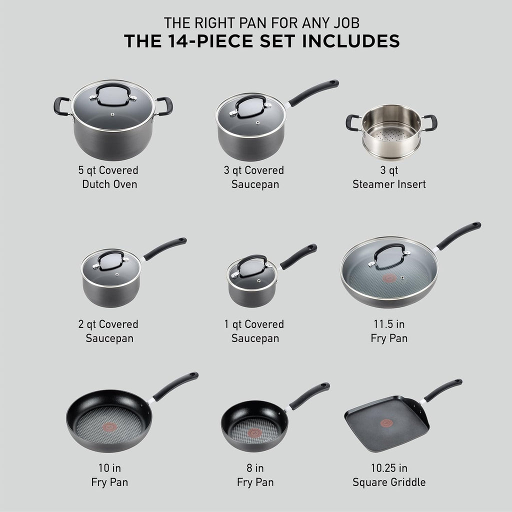 T-fal Ultimate Hard Anodized Nonstick Cookware Set 14 Piece, Oven Broiler Safe 400F, Lid Safe 350F, Kitchen Cooking Set w/Fry Pans, Saucepans, Griddle, Dutch Oven, Pots & Pans, Dishwasher Safe, Black