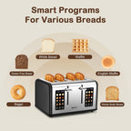 Mecity 4 Slice Toaster with Touch Screen Control, 4 Wide Slots, Stainless Steel Smart Bread Toaster for Bagels, Muffins, Waffles, Dual Control Panel, Timer, Defrost, Reheat, 120V 1650W, Matt Black