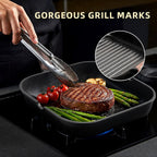 Kikcoin Nonstick Grill Pan for Indoor Cooking，9.5 Inch Versatile Griddle for Stove Tops Steak Pan with Pour Spouts