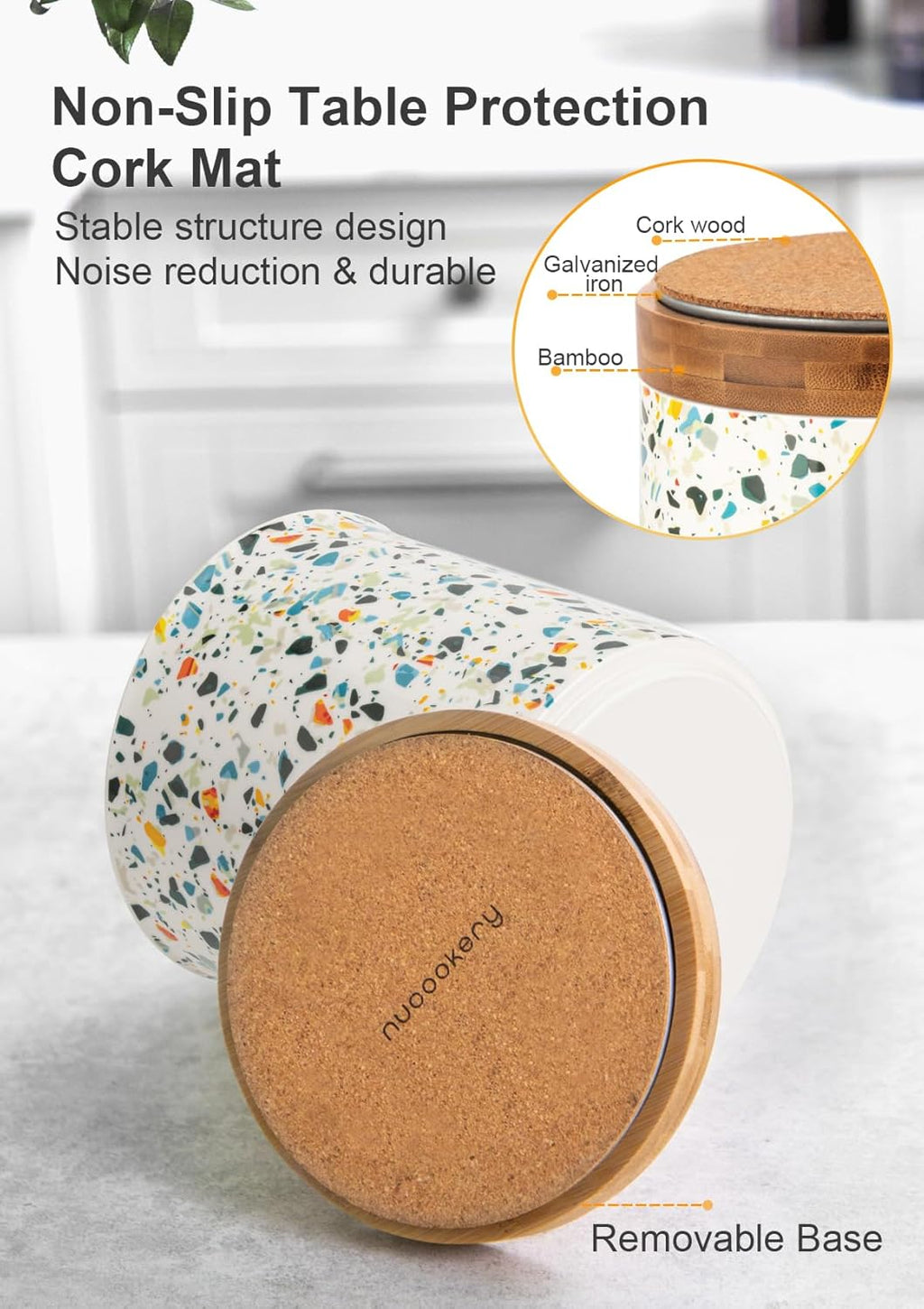 Nucookery 360°Rotating Utensil Holder, 7.2" Kitchen Utensil Crock, Ceramic Cooking Utensil Organizer with Countertop-Protection Cork Bottom for Farmhouse Kitchen Decor Christmas (Marble Pattern)