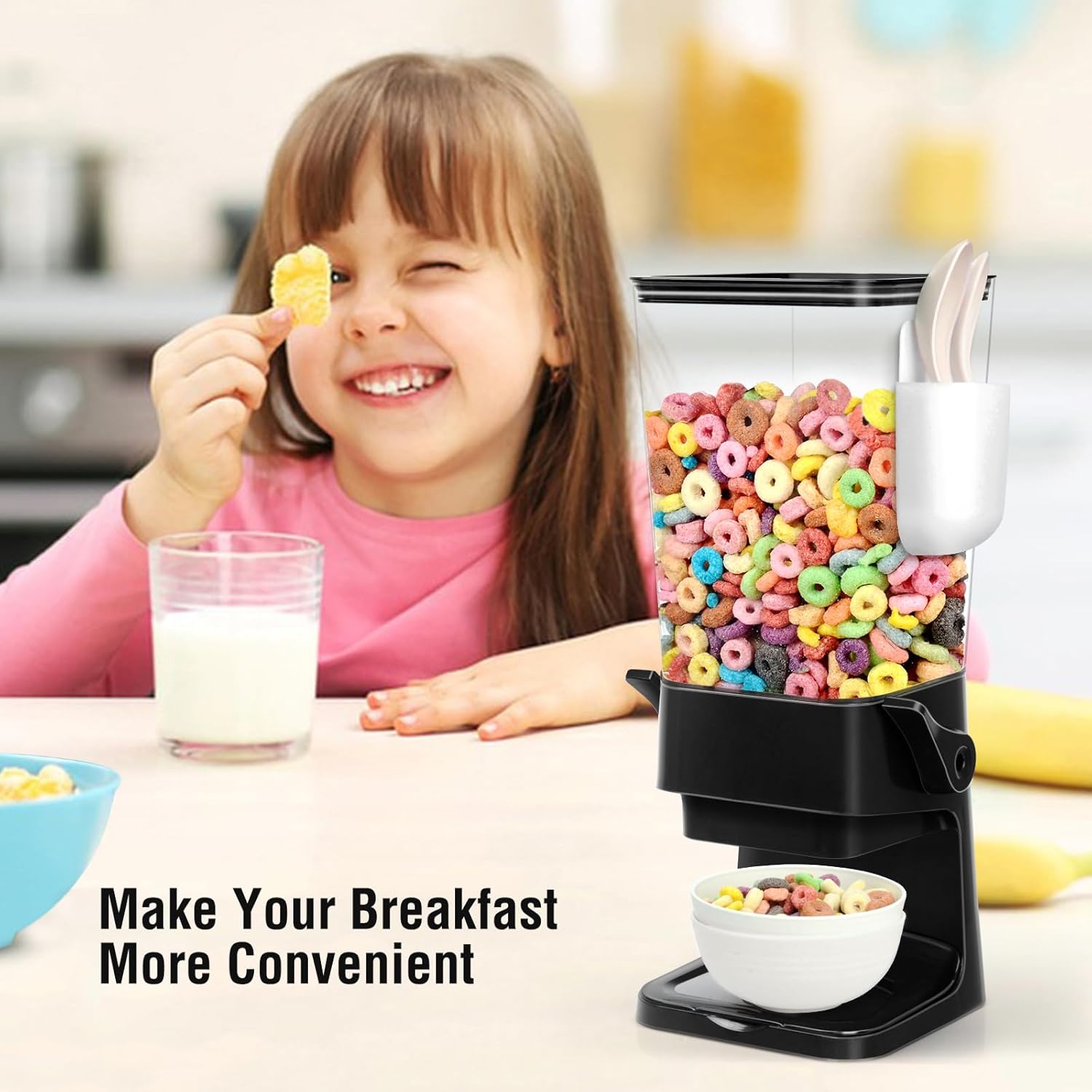 Cereal Dispenser Countertop with 2 Pack Bowls and Spoons 5.5 Qt Large Cereal Storage Container Holder for Pantry Dry Food Nut Dispenser Snack Candy Organizer Kitchen Organization for Oatmeal Granola