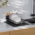 Stainless Steel Expandable Dish Drying Rack with Silicone Drying Mat and Removable Cutlery Holder for 14''-19'' Kitchen Sink