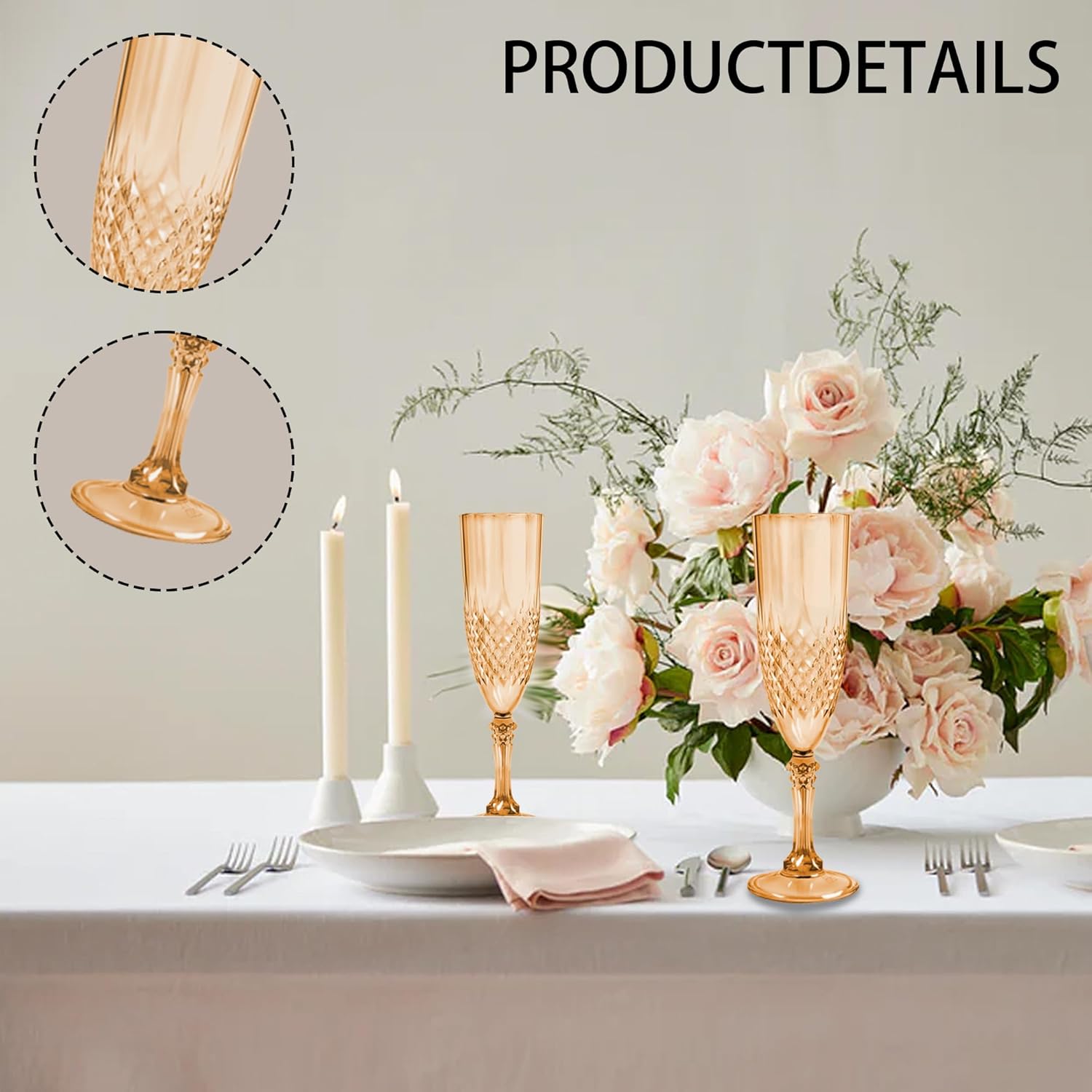 Plastic Champagne Flutes, 12PCS Gold Plastic Wine Glasses Goblets Reusable Champagne Flute for Weddings, Bachelor Parties, Toasting, and Events(12, Gold)