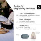 LARS NYSØM Bread Box I Metal Box with linen bag for long lasting freshness I Bread Bin with bamboo lid usable as cutting board I 14.2x7.5x5.1 In (Stone Blue)