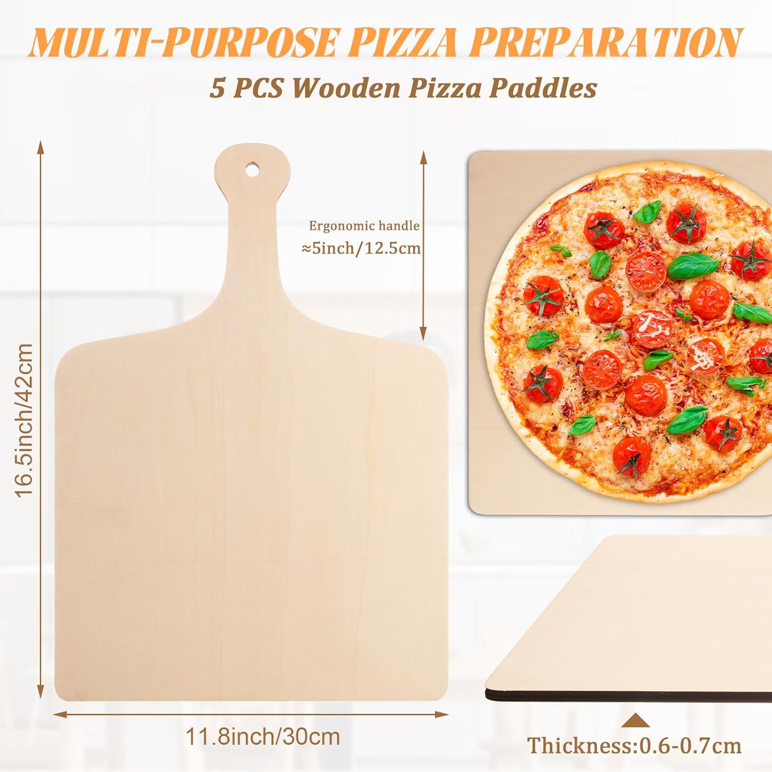 Acrux7 5 PCS Wood Pizza Peel 12 Inch Wooden Pizza Paddle with Handle, Wood Spatula Paddle for Restaurant Baking Kitchen Bread Fruit Vegetables Cheese Cutting Board Serving Board
