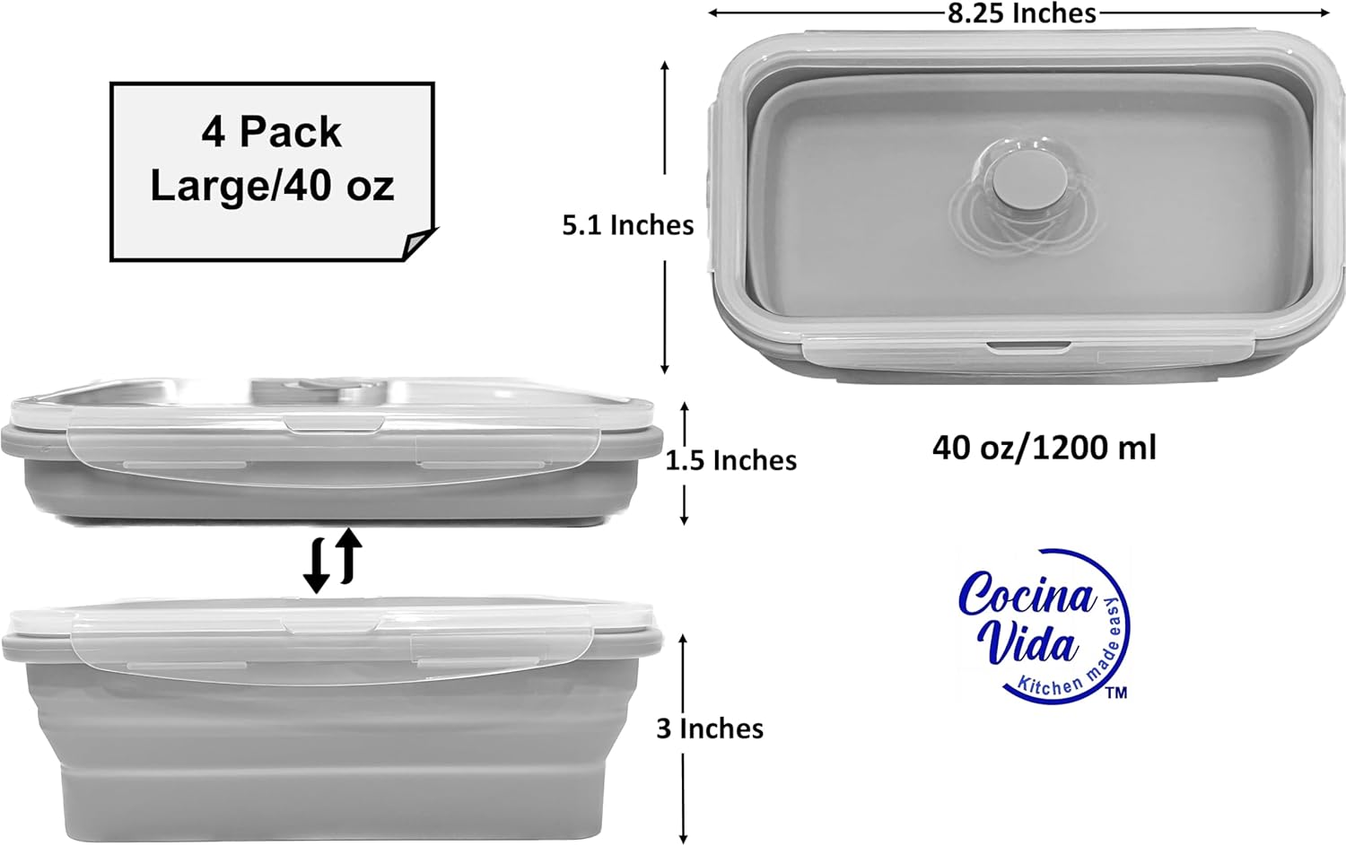 Cocina Vida Collapsible Silicone Food Storage Containers with Airtight Lids | Kitchen Stackable Lunch Box Microwave Dishwasher Safe| Set of 4 Silicone Food Storage Containers