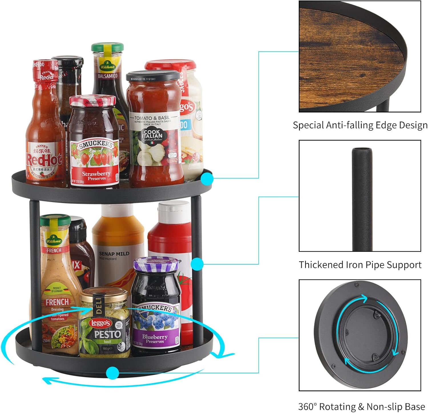 Giikin 2 Tier Lazy Susan Organizer, Two Tier Lazy Susan Turntable for Kitchen Countertop Spice Rack Organizer (Rustic Brown, 9.8" x 9.8" x 8.8")