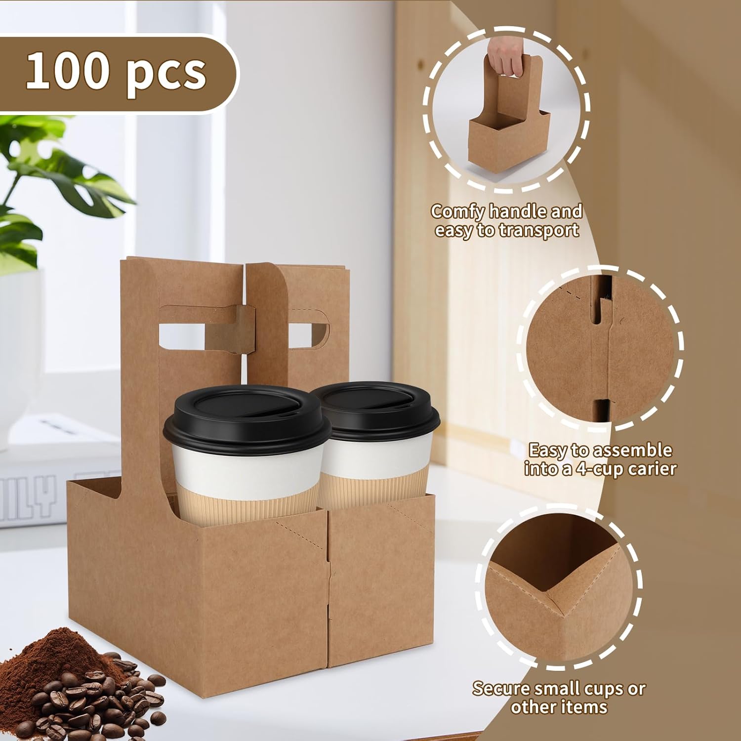 100 Pcs Coffee Drink Carrier with Handle (12-30oz) 2 Cups or 4 Cups,Disposable Paperboard Cup Holder with Handle,Disposable Cup Holders for Drinks,Great for All Your Drink and Food Delivery