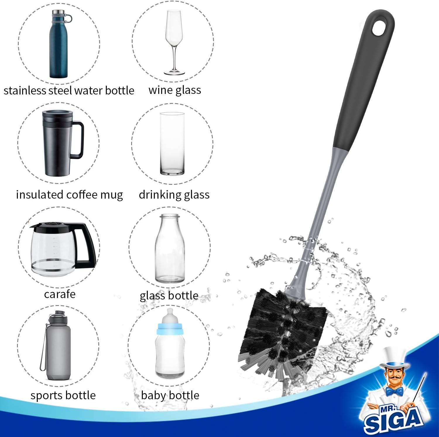 MR.SIGA Long Handle Bottle Brush, Flexible Scrub Brush for Water Bottles, Glasswares, Mugs, Black, 2 Pack