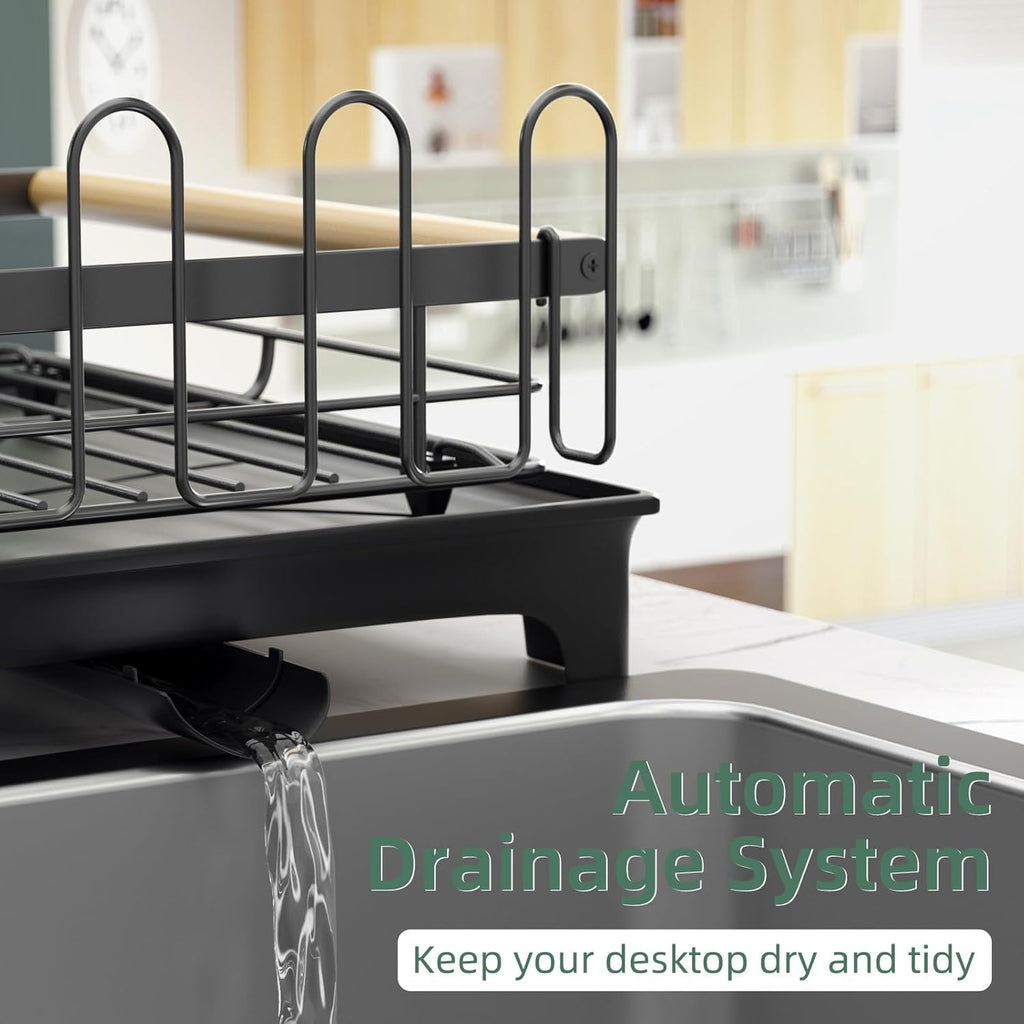 2 Tier Dish Drying Rack, Drying Rack with Automatic Drainboard, Dish Racks for Kitchen Counter, Rustproof Dish Drainer with Removable Utensil Holder, Cups Holder,Black