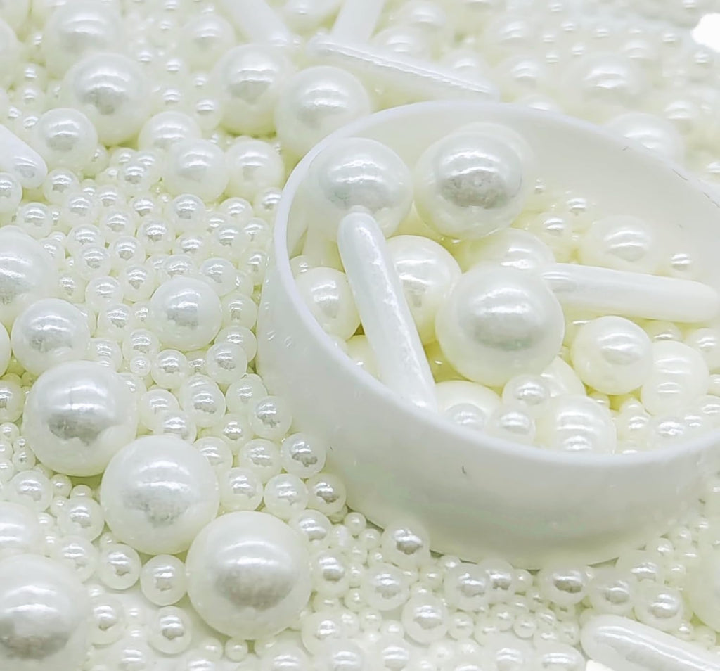 White Sprinkles Candy Mix Size Edible Pearls Cake Decorations Cupcake Toppers Cookie Decorating Perfect for Wedding Party Valentine Halloween Christmas Supplies 4.58OZ