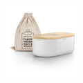 LARS NYSØM Bread Box I Metal Box with linen bag for long lasting freshness I Bread Bin with bamboo lid usable as cutting board I 14.2x7.5x5.1 In (Pure White)