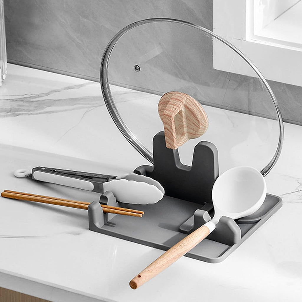 Silicone Spoon Holder Spoon Rest with Lid Holder for Stove Top,BPA Free Utensil Rest for Kitchen Countertop,Non-Slip Heat-Resistant Stove Utensil Holder for Spatula,Ladle,Tong&Pot Lid (Grey)