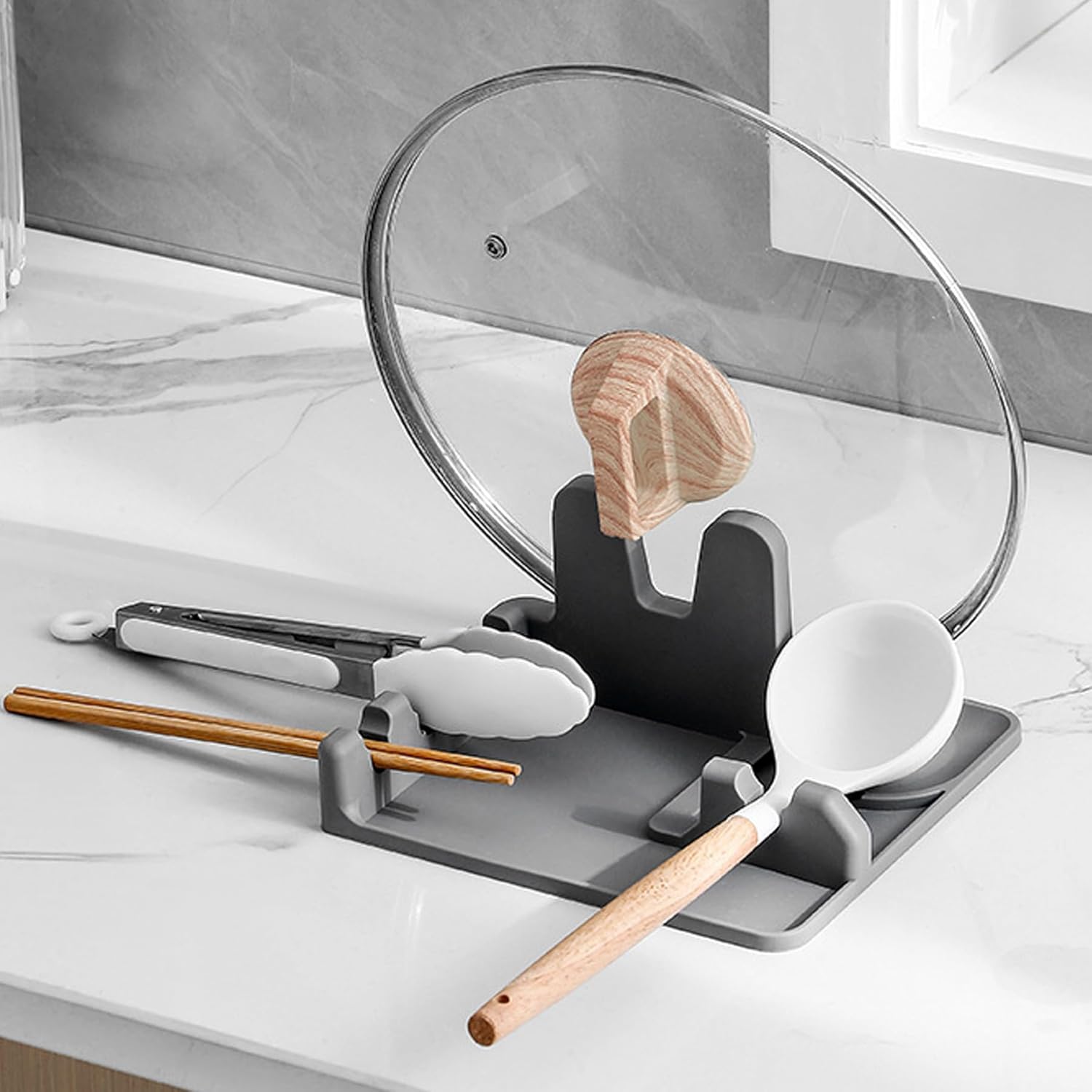Silicone Spoon Holder Spoon Rest with Lid Holder for Stove Top,BPA Free Utensil Rest for Kitchen Countertop,Non-Slip Heat-Resistant Stove Utensil Holder for Spatula,Ladle,Tong&Pot Lid (Grey)