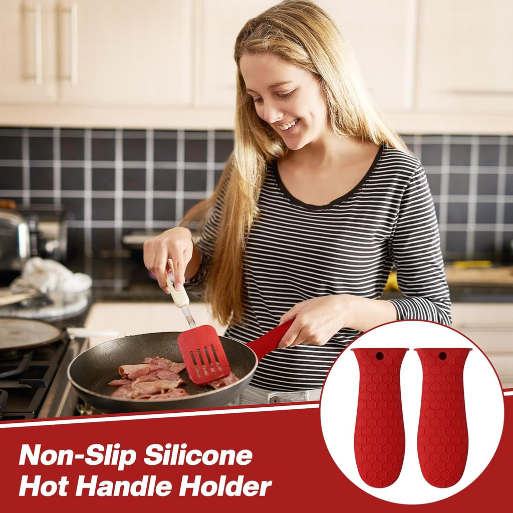 Patelai 2pcs Silicone Handle Cover for Cast Iron Skillet Kitchen Silicone Handles for Pots and Pans Non-Slip Pot Holder Sleeve for Fry Pan Griddles Metal Aluminum Cookware(Red)