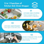 3 in 1 Kitchen Sink Drain Strainer, Upgraded Pop Up Kitchen Sink Stopper with Enlarged 304 Stainless Steel Anti-Clogging Food Catcher Basket Strainer, Fit US Standard 3-1/2'' Kitchen Sink Drain Hole