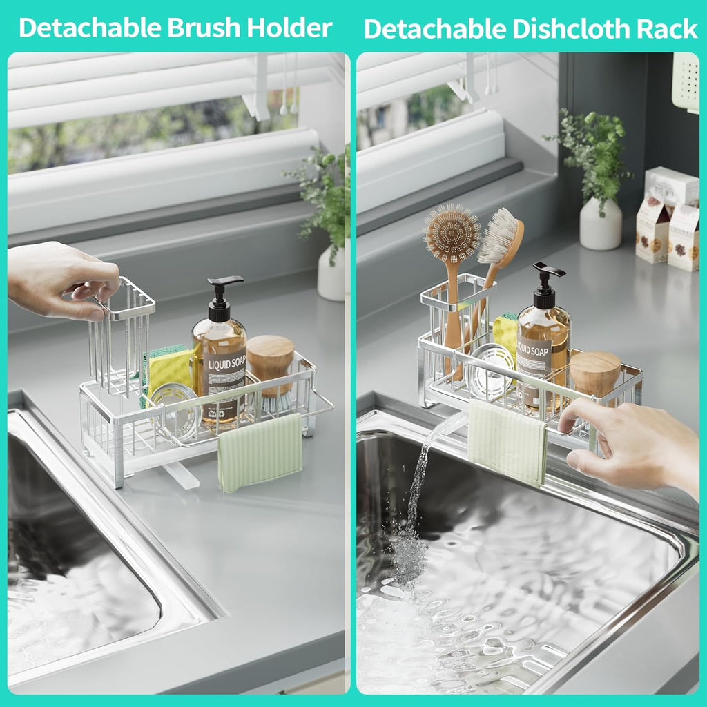 HapiRm Sponge Holder for Kitchen Sink - Self-draining Sink Caddy with Brush Holder and Dishcloth Holder, Stainless Steel Kitchen Organizer - Silver