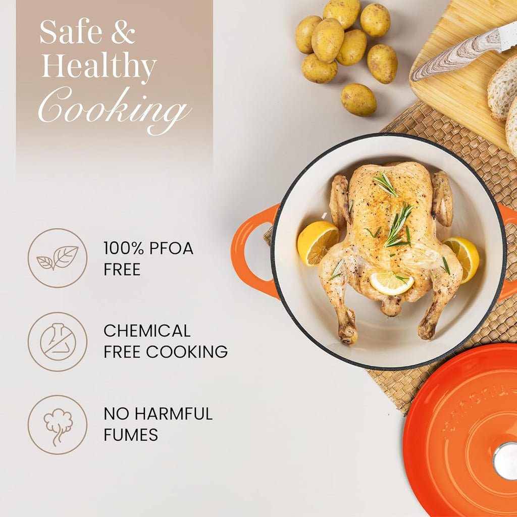 Nuovva Enamelled Cast Iron Dutch Oven Pot with Lid – 6.4 Quart Non Stick Casserole Pot – Heavy Duty & Oven Safe up to 500° F for Bread Baking, Braising, Stews, Roasting – 28cm Orange