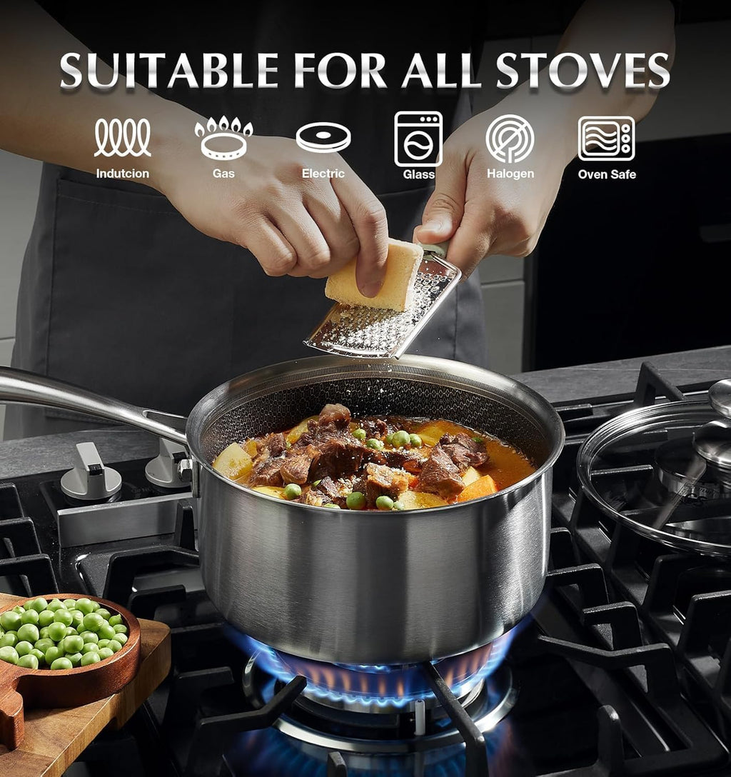 KOCH SYSTEME CS Hybrid Nonstick Stainless Steel Saucepan Set with Steamer Insert, 7PCS Triply Stainless Steel Pot Set 1Qt, 2Qt & 3Qt, 18/10 Steel Sauce Pan Set with Lids, Induction & Oven Safe