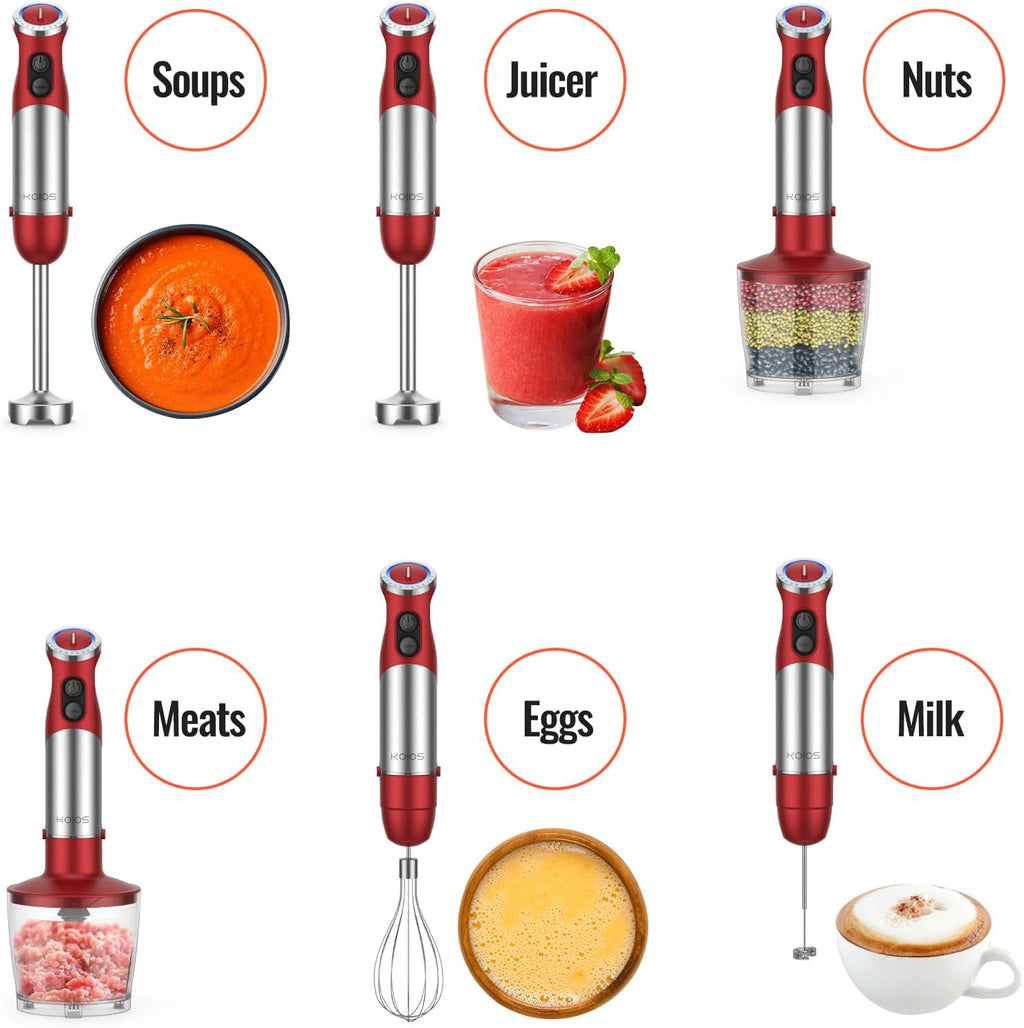 KOIOS 5-in-1 Hand Immersion Blender, 1000W 12 Speed Handheld Blender Stick with Copper Motor Stainless Steel Blade, 600ml Mixing Beaker,500ml Food Processor, Whisk, Milk Frother, Non-BPA, Red