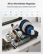 SUNLY Expandable Dish Drying Rack, Versatile Brackets for Pots & Pans, Space Saving Kitchen Drying Rack, Dish Racks for Kitchen Counter, Stainless Steel Dish Drainers with Extendable Spout, Black