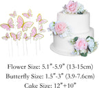 Rinlong 3Pcs Pre-made Blush Pink Cake Flowers Decorations Flower Cake Topper Butterfly Cake Decorating Flowers for Wedding Sweet 16 Birthday Girl