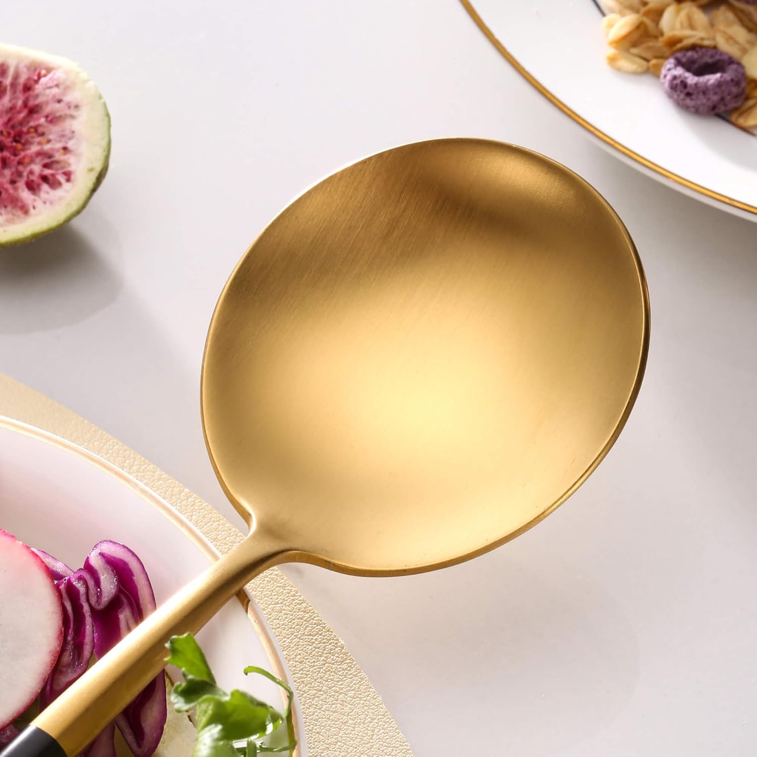Black Gold Salad Serving Utensils, Stainless Steel Spoons, 2Pcs Long Handle Servers 11.42 Inch, Matte Finish, Dishwasher Safe