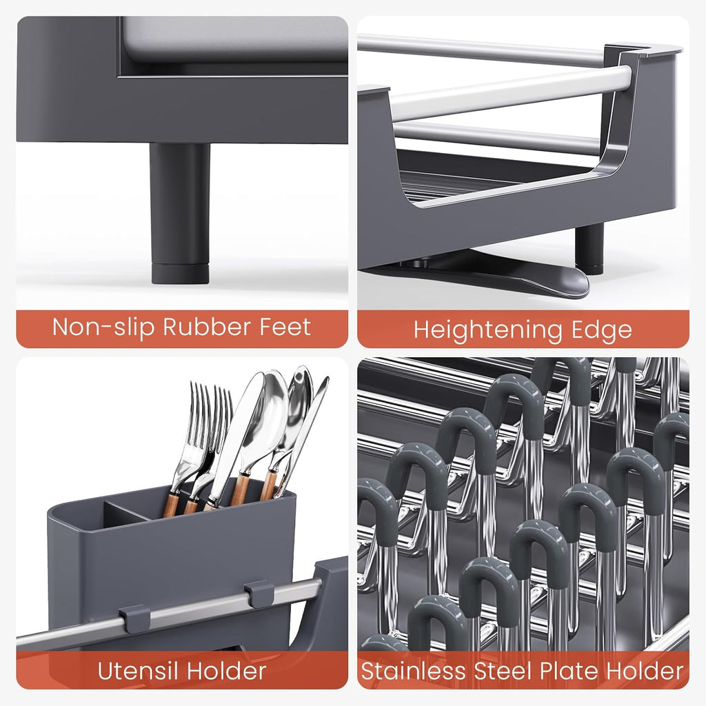 TOOLF Dish Drying Rack for Kitchen Counter, Extendable Dish Rack with Drainboard, Expandable Dish Drainer, Collapsible Dish Strainer with Cutlery Holder, Foldable Home Plate Rack, Alu Gray