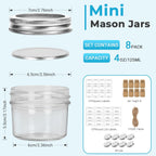Eathtek Small Mason Jars 8 Pack, 4oz/120ml Mini Canning Jars with Regular Lids for Jelly Herbs Spice Honey Storage, Small Glass Jars Candle jars, Extra Lids Tags Label Included