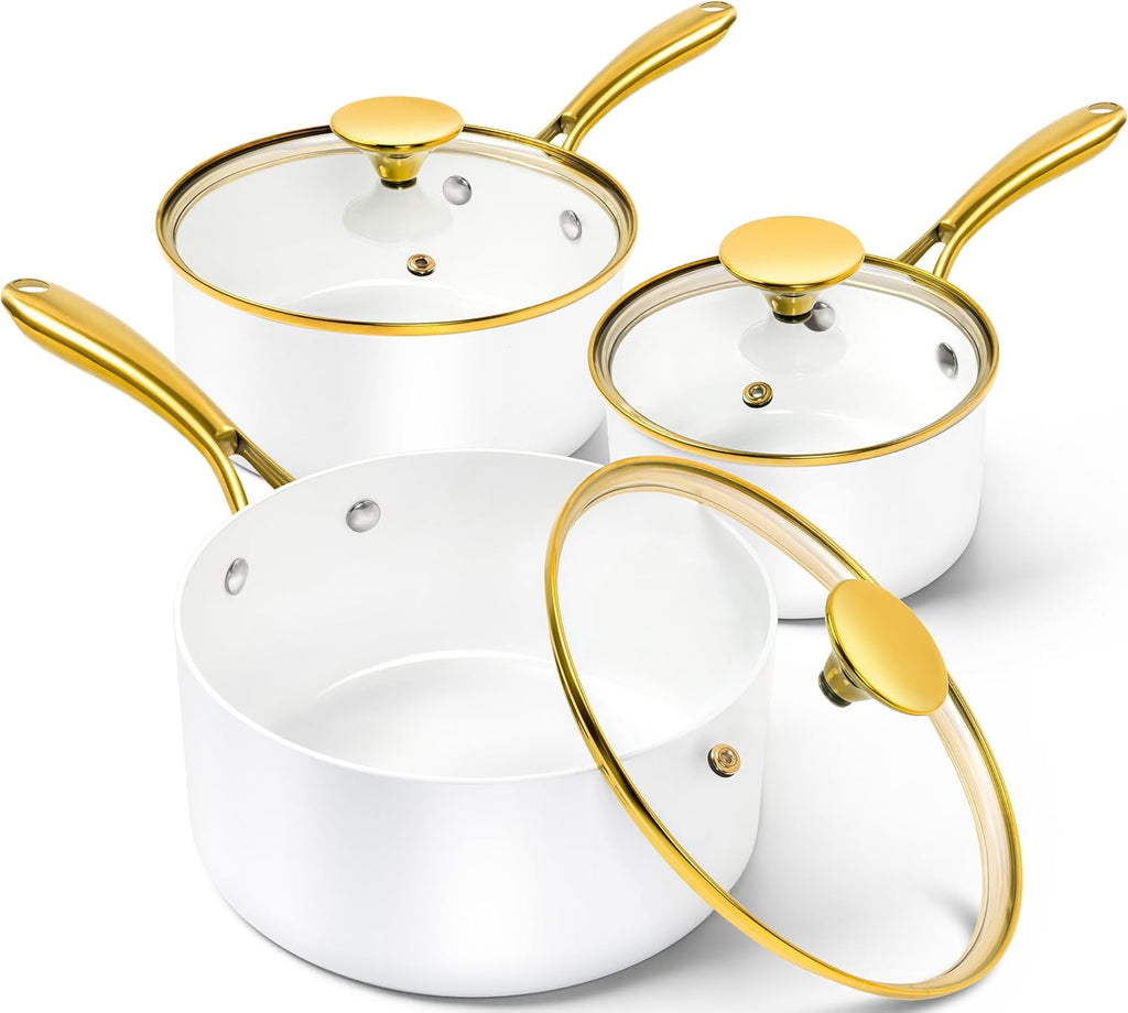 MICHELANGELO Sauce Pan with Lid, Nonstick Ceramic Saucepan Set-1Qt & 2Qt & 3Qt, Small Pots with Ergonomic Handle, Sauce Pans Sets Oven Safe, White