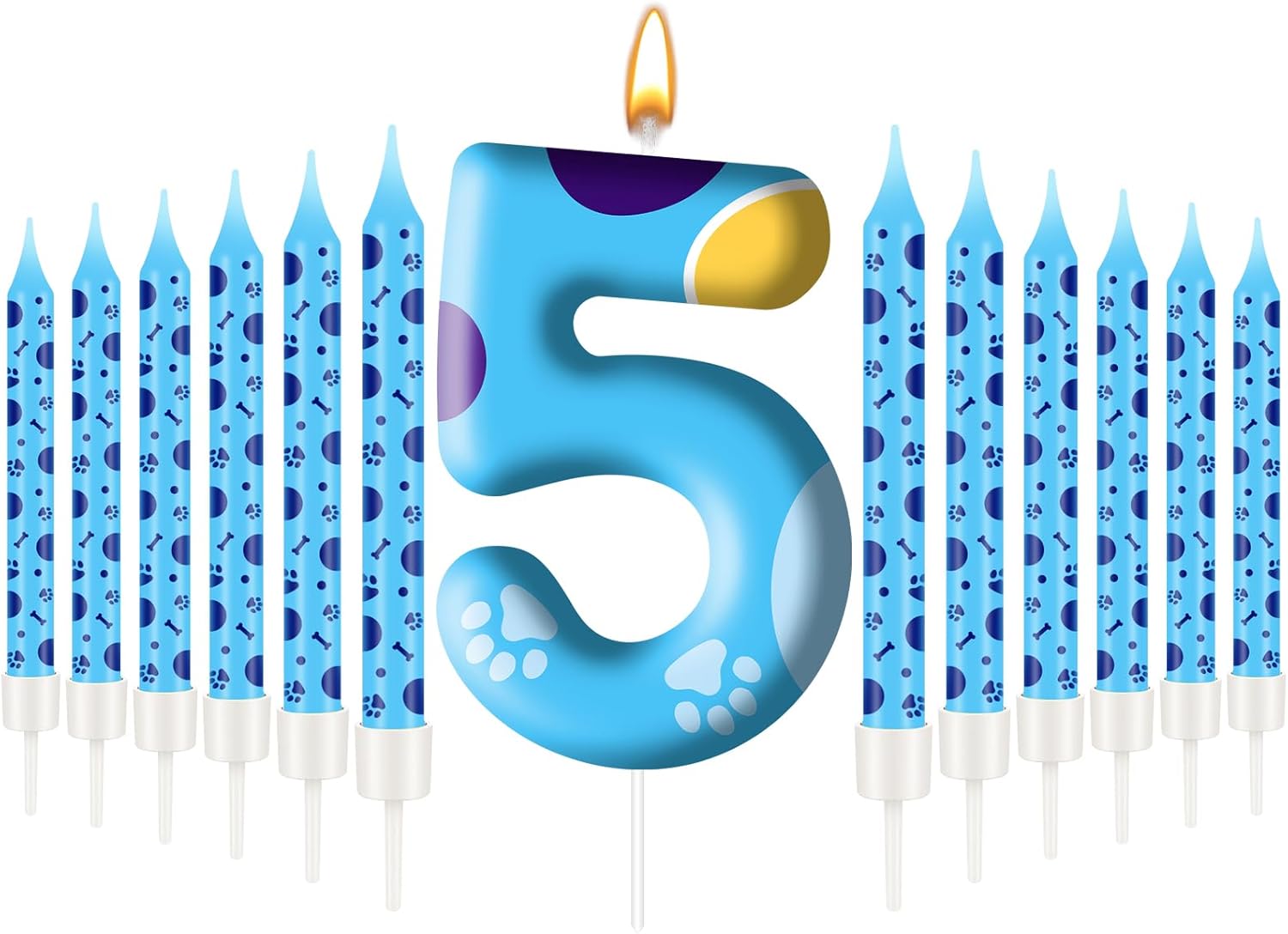 13PCS Blue Dog Paw Birthday Candles Set Cake Topper Numeral Birthday Candles for Boy Girl Dog Paw Decoration(Number 5)