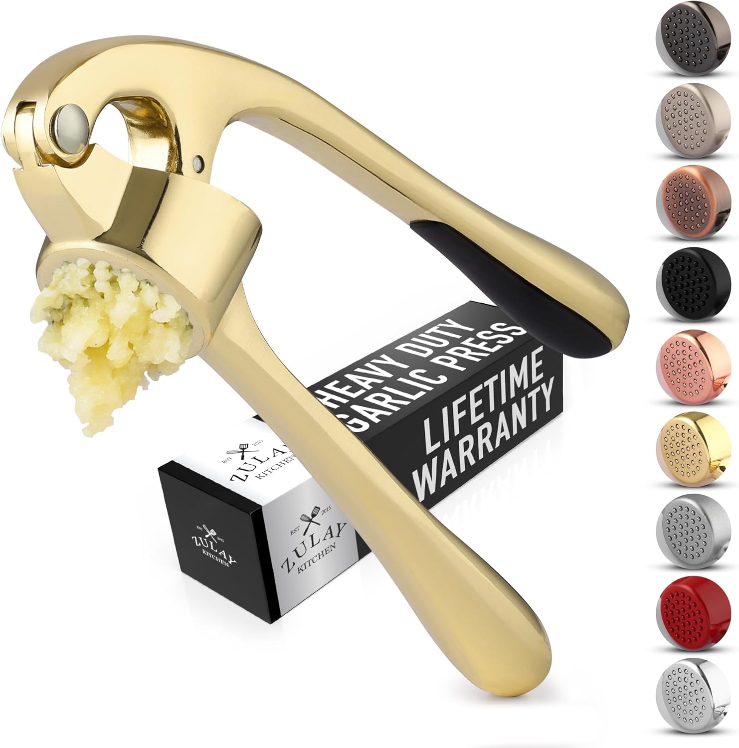 Zulay Kitchen Premium Garlic Press with Soft, Easy to Squeeze Handle - Includes Silicone Garlic Peeler & Cleaning Brush - 3 Piece Garlic Mincer Tool - Sturdy Easy to Clean Garlic Crusher (Gold)