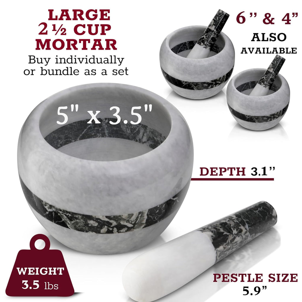 Gusto Nostro Natural Marble Mortar and Pestle Set | 5 Inch - 2.5 Cup Large Mortar Pestle Set for Grinding Herbs, Nuts, Grains | Pesto Grinding and Guacamole Stone Bowl | Marble Spice Crusher