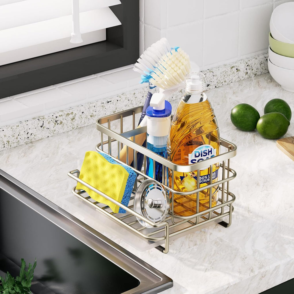 HapiRm Kitchen Sink Caddy Organizer - Versatile Sponge Holder with Drain Tray, SUS304 Stainless Steel Rustproof Kitchen Sink Organizer Storage for Countertop- Brushed Nickel