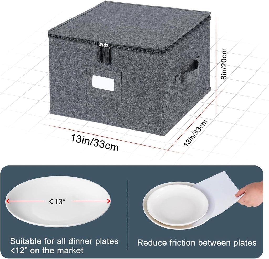 China Storage Containers Hard Shell Inside 13" W x 8" H, Charger Plate Storage Containers for Dishes, Dinnerware with 24 Felt Dividers, Hold 24 Plates, Stackable (2 Pack Grey)