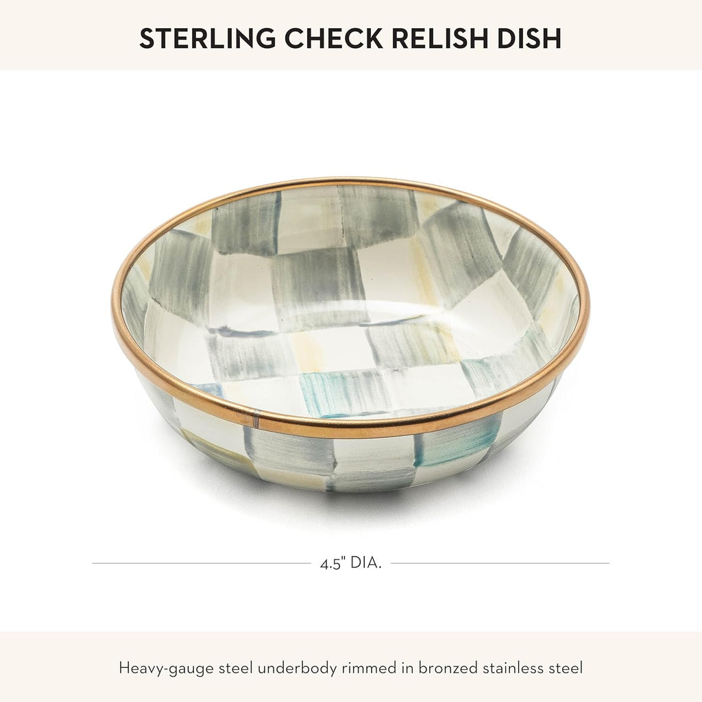 MACKENZIE-CHILDS Enamel Relish Dish, Small Serving Bowl for Entertaining, Gray-and-White Sterling Check
