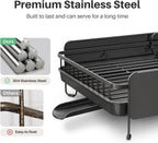 Large Dish Drying Rack - Expandable (19.3" to 29.4") Dish Rack for Kitchen Counter, Stainless Steel Dish Drainer with Utensil Holder, Pan Holder & Pot Lid Holder, Black