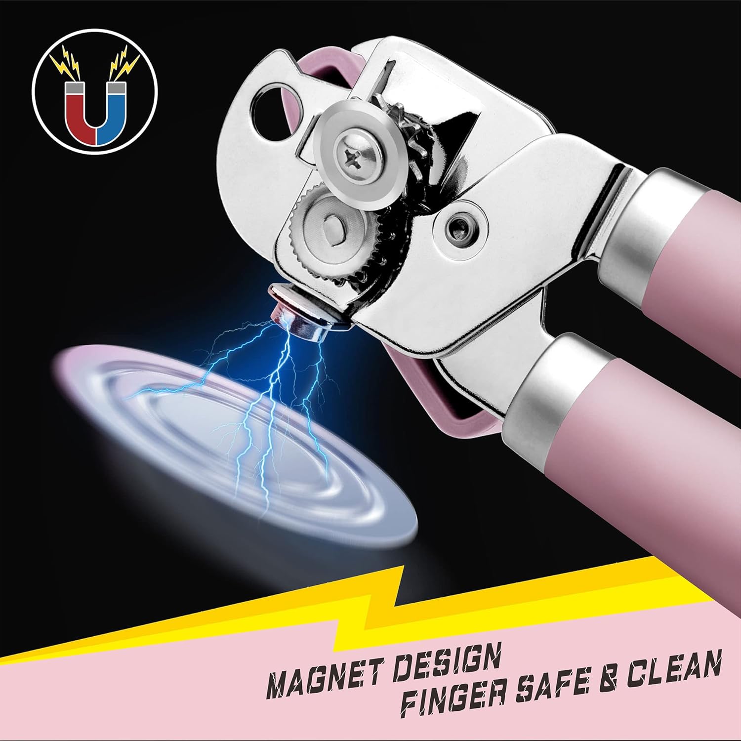 PrinChef Can Opener Manual, Can Tin Bottle Opener with Magnet - No-Trouble-Lid-Lift, Handheld Can Opener Smooth Edge with Sharp Blade, Heavy Duty and Easy to Use, for Seniors with Arthritis, Pink