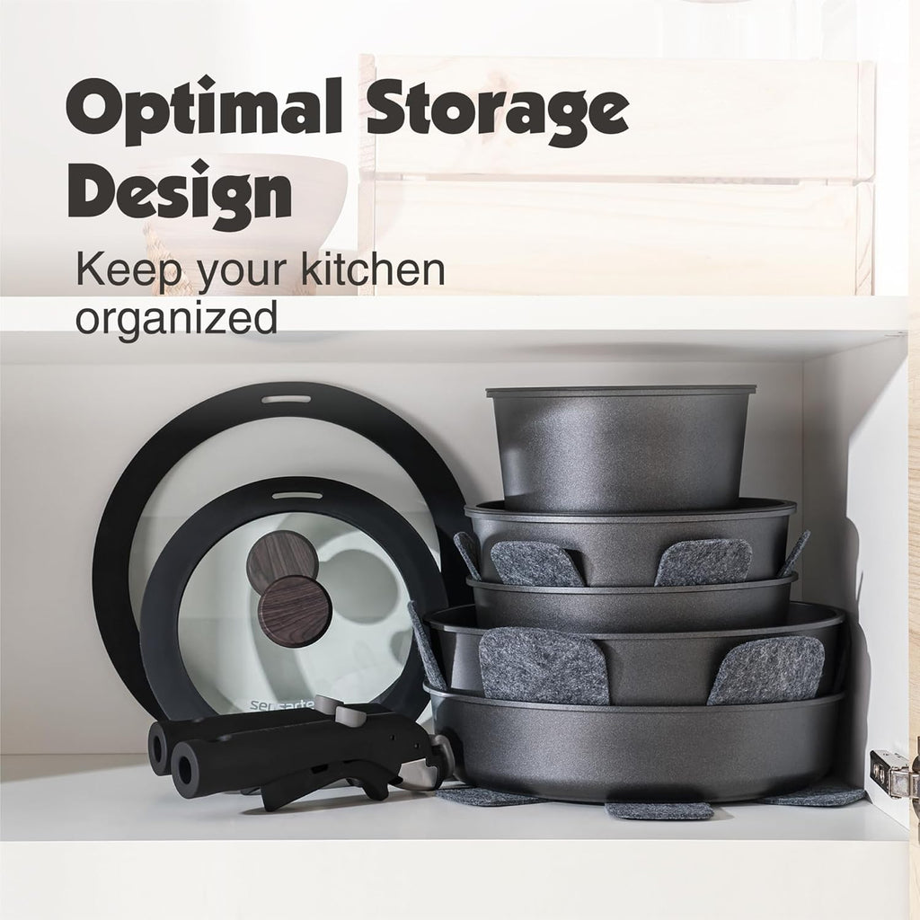 SENSARTE 17 Piece Pots and Pans Set, Nonstick Detachable Handle Cookware Set, Induction Kitchen Cookware Set with Removable Handle, Healthy Non Stick for RV, Dishwasher ＆ Oven Safe, PFOA Free (Black)