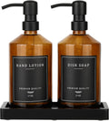 Amber Glass Soap Dispenser, Bathroom Hand Soap Dispensers with Stainless Pump, 17 Oz Kitchen Hand and Dish Soap Dispenser Set, Modern Liquid Soap Lotion Dispenser (Amber Bottle/Black Pump)