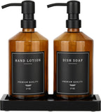 Amber Glass Soap Dispenser, Bathroom Hand Soap Dispensers with Stainless Pump, 17 Oz Kitchen Hand and Dish Soap Dispenser Set, Modern Liquid Soap Lotion Dispenser (Amber Bottle/Black Pump)