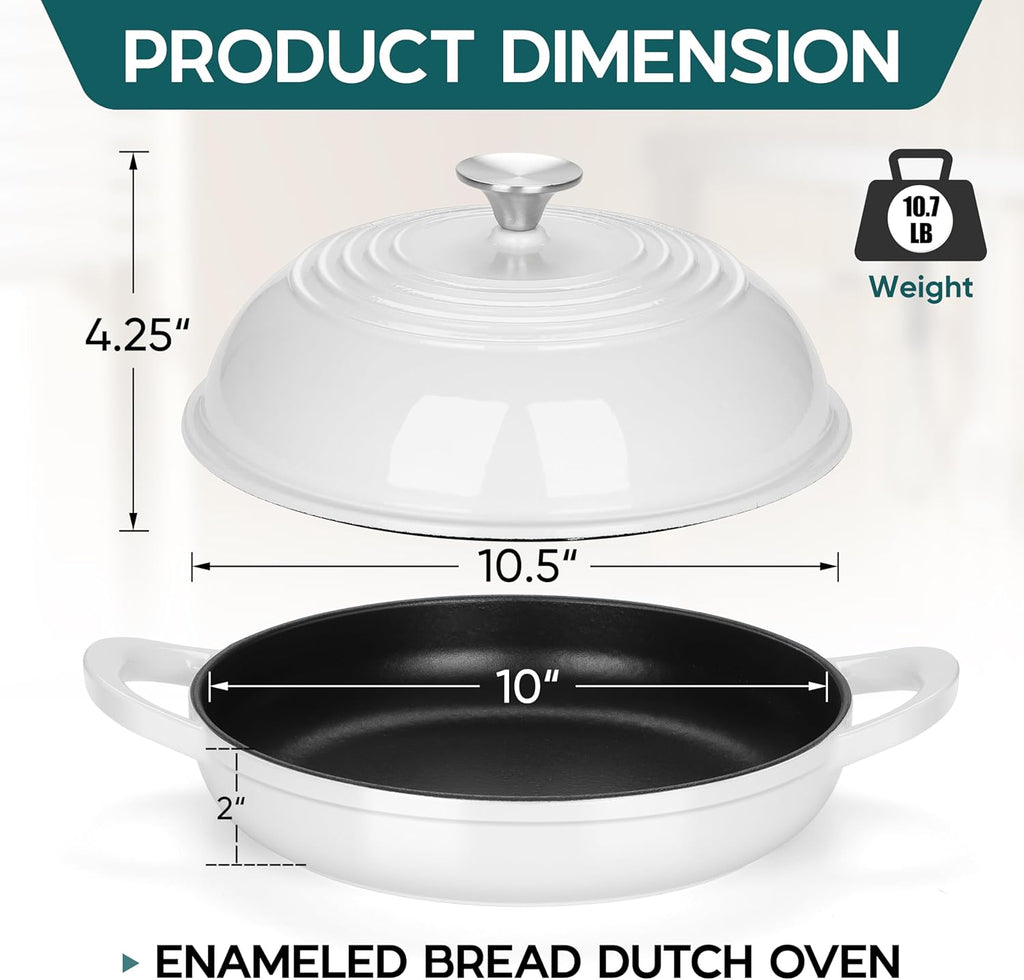 E-far Dutch Oven for Sourdough Bread Baking, 6 Qt Round Enameled Cast Iron Dutch Oven for Homemade Artisan Bread, Dome Lid & Shallow Base, Matte Black Interior & Durable, Oven-Safe to 500℉, White