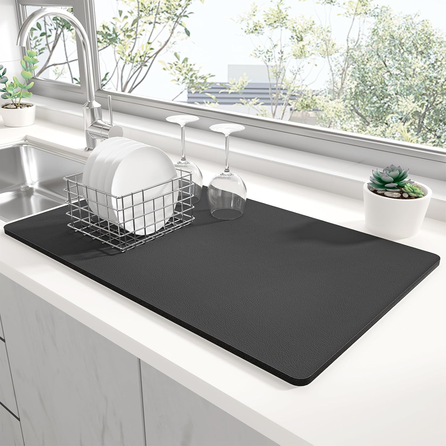 Rnivvi Dish Drying Mat for Kitchen Counter, XL 15 x 24" Super Absorbent Drainer Pad Easy Clean Dish Rack Pad, Non-Slip Heat Resistant Coffee Bar Mats for Coffee Machine Station Accessories Decor, Gray