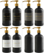 16oz Glass Soap Dispenser with Stainless Steel Pump, 21 Waterproof Labels, Non-Slip Protective Silicone Pad, Set of 2 for Bathroom & Kitchen (Matte Black Bottle/Brushed Gold Pump)