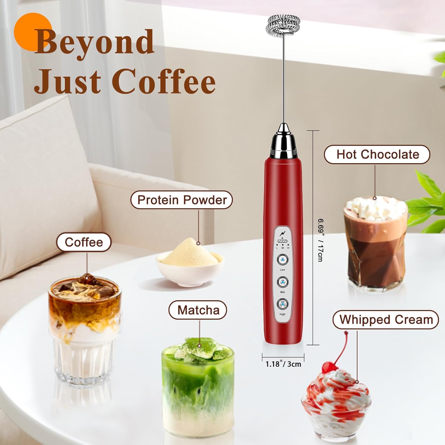 Milk Frother Handheld Rechargeable, Frother Wand Drink Mixer Electric Whisk for Coffee, Detachable With 3 Stainless Whisks, Hand Mixer for Lattes, Cappuccino, Matcha, Egg, No Stand, Red