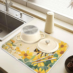 Honey Bee Dish Drying Mat for Kitchen Counter Absorbent Microfiber Small Drying Pad Dish Yellow Flowers Leaves Mats for Kitchen Countertops 16 x 18 Inch