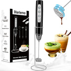 Milk Frother Handheld Rechargeable with Stand, Frother Wand Drink Mixer Electric Whisk for Coffee, Detachable With 3 Stainless Whisks, Hand Mixer for Lattes, Cappuccino, Matcha, Egg, Black