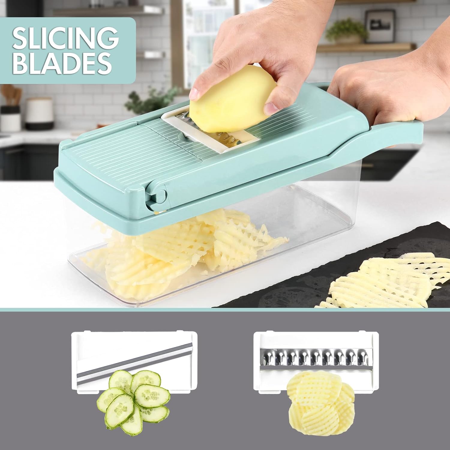 Ourokhome Vegetable Chopper Onion Cutter, 12 in 1 Professional Mandoline Slicer for Kitchen, Multifunctional Food Chopper for Potato, Tomato, Veggie with Strainer Basket, 8 Blades, Blue